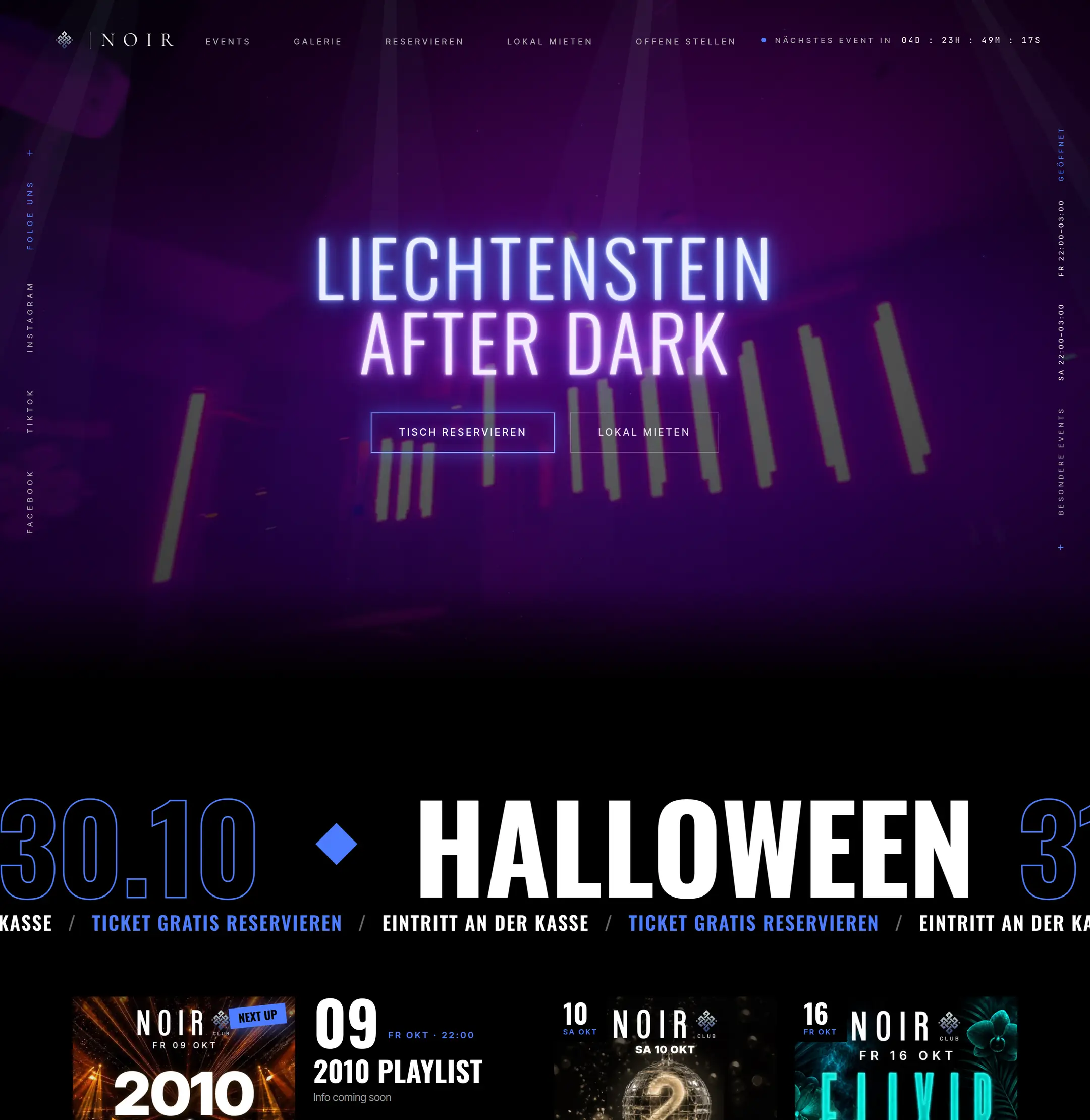 Website NOIR Club, Startseite
